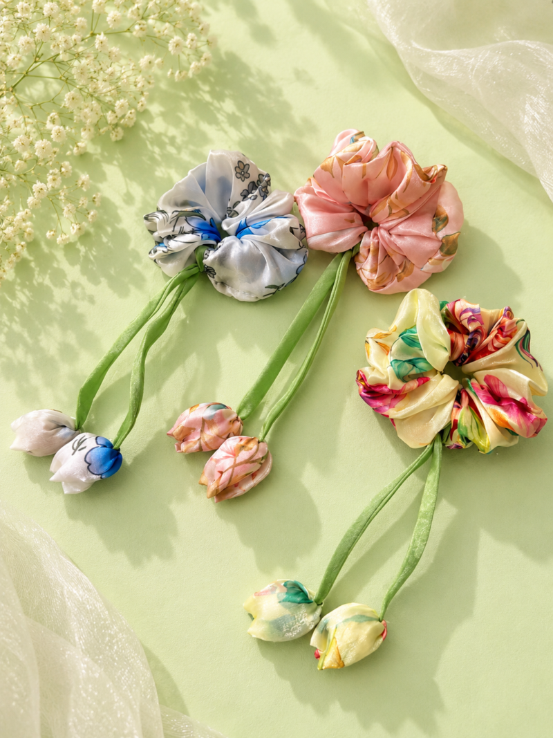 Floral Satin Tulip Hair Scrunchie Floral Satin Tulip Hair Scrunchie